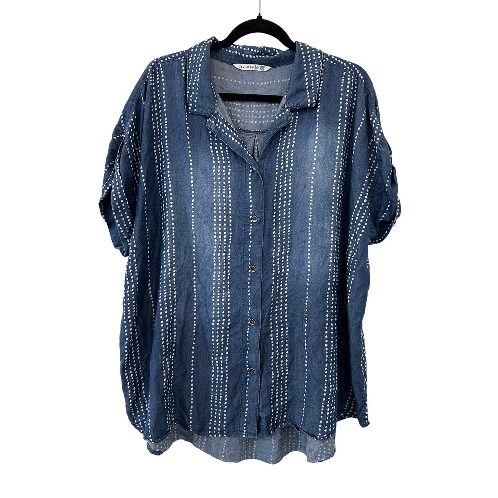 Given Kale Womens 2X Blue Dotted Stripe Button Down Top Boho Western Coastal
